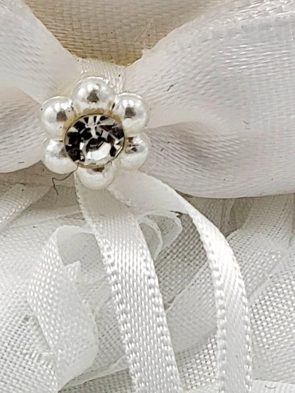 White Satin Flower Girl Basket With Ribbon & Rosette Details For Wedding Ceremon
